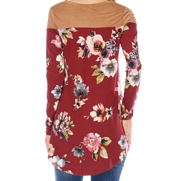 Burgundy Floral Tunic Top with Suede Shoulders - Picture 5 of 5